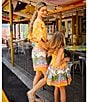 A Loves A Border Print Mandarin Collar Short Bubble Sleeve Button Front Tie At Waist Sheath Mini Dress, Color:Marigold Multi - Image 6