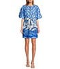 A Loves A Border Print Mandarin Collar Short Bubble Sleeve Button Front Tie At Waist Sheath Mini Dress, Color:Cobalt Multi - Image 1