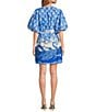 A Loves A Border Print Mandarin Collar Short Bubble Sleeve Button Front Tie At Waist Sheath Mini Dress, Color:Cobalt Multi - Image 2