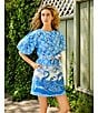 A Loves A Border Print Mandarin Collar Short Bubble Sleeve Button Front Tie At Waist Sheath Mini Dress, Color:Cobalt Multi - Image 4