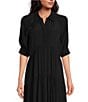 Color:Black - Image 3 - Button Down Collar Short Balloon Cuff Sleeve Tiered Waistless Midi Shirt Dress