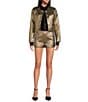A Loves A Coated Metallic Crew Neck Long Sleeve Button Front Cropped Coordinating Blazer, Color:Gold - Image 3