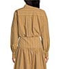A Loves A Coordinating Pinstripe Point Collar Long Sleeve Button Front Cropped Bubble Hem Shirt, Color:Taupe - Image 2