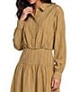A Loves A Coordinating Pinstripe Point Collar Long Sleeve Button Front Cropped Bubble Hem Shirt, Color:Taupe - Image 1