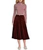 A Loves A Corduroy High Rise Drop Waist A-Line Flounce Midi Skirt, Color:Wine - Image 3