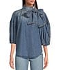 Color:Vintage Blue - Image 1 - Denim 3/4 Puffed Sleeve Pleated Shoulder Tie Neck Denim Top