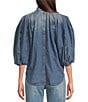 Color:Vintage Blue - Image 2 - Denim 3/4 Puffed Sleeve Pleated Shoulder Tie Neck Denim Top