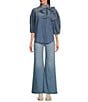 Color:Vintage Blue - Image 3 - Denim 3/4 Puffed Sleeve Pleated Shoulder Tie Neck Denim Top