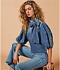 Color:Vintage Blue - Image 5 - Denim 3/4 Puffed Sleeve Pleated Shoulder Tie Neck Denim Top