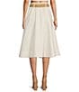 Color:Ivory - Image 2 - Denim High Elastic Waist Belted A-Line Midi Skirt