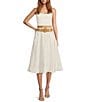 Color:Ivory - Image 3 - Denim High Elastic Waist Belted A-Line Midi Skirt