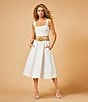 Color:Ivory - Image 5 - Denim High Elastic Waist Belted A-Line Midi Skirt