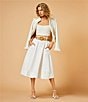 Color:Ivory - Image 6 - Denim High Elastic Waist Belted A-Line Midi Skirt