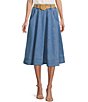 Color:Medium Wash - Image 1 - Denim High Elastic Waist Belted A-Line Midi Skirt