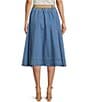 Color:Medium Wash - Image 2 - Denim High Elastic Waist Belted A-Line Midi Skirt
