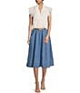 Color:Medium Wash - Image 3 - Denim High Elastic Waist Belted A-Line Midi Skirt