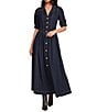 A Loves A Denim Notch Lapel 3/4 Bubble Sleeve Button Front Basque Waist Fit and Flare A-Line Maxi Dress, Color:Dark Rinse - Image 1