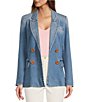 Color:Medium Wash - Image 1 - Double Breasted Notch Lapel Denim Statement Blazer