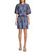 Color:Medium Blue - Image 1 - Embroidered Chambray 3/4 Balloon Sleeve Banded Collar Button Front Belted Dress