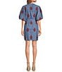 Color:Medium Blue - Image 2 - Embroidered Chambray 3/4 Balloon Sleeve Banded Collar Button Front Belted Dress