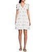 Color:Ivory/Stone - Image 1 - Embroidered Floral Print Split V-Neck Ruffle Cap Sleeve Side Pocket Tiered A-Line Mini Dress
