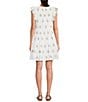 Color:Ivory/Stone - Image 2 - Embroidered Floral Print Split V-Neck Ruffle Cap Sleeve Side Pocket Tiered A-Line Mini Dress