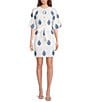 A Loves A Embroidered Paisley Mandarin Collar Short Bubble Sleeve Button Front Tie Waist Sheath Dress, Color:White/Navy - Image 1