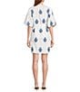 A Loves A Embroidered Paisley Mandarin Collar Short Bubble Sleeve Button Front Tie Waist Sheath Dress, Color:White/Navy - Image 2