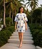 A Loves A Embroidered Paisley Mandarin Collar Short Bubble Sleeve Button Front Tie Waist Sheath Dress, Color:White/Navy - Image 4