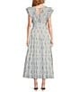 A Loves A Floral Metallic Paisley Print Surplice V-Neck Short Ruffled Sleeve Tiered Maxi Dress, Color:Ice Blue - Image 2