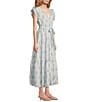 A Loves A Floral Metallic Paisley Print Surplice V-Neck Short Ruffled Sleeve Tiered Maxi Dress, Color:Ice Blue - Image 4