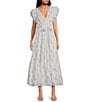 A Loves A Floral Metallic Paisley Print Surplice V-Neck Short Ruffled Sleeve Tiered Maxi Dress, Color:White - Image 1