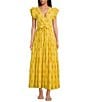 A Loves A Floral Metallic Striped Print Surplice V-Neck Short Ruffled Sleeve Tiered Maxi Dress, Color:Daisy - Image 1