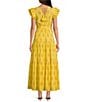 A Loves A Floral Metallic Striped Print Surplice V-Neck Short Ruffled Sleeve Tiered Maxi Dress, Color:Daisy - Image 2