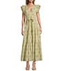 A Loves A Floral Metallic Striped Print Surplice V-Neck Short Ruffled Sleeve Tiered Maxi Dress, Color:Antique Jade - Image 1