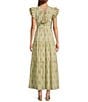 A Loves A Floral Metallic Striped Print Surplice V-Neck Short Ruffled Sleeve Tiered Maxi Dress, Color:Antique Jade - Image 2