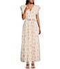 Color:Ivory - Image 1 - Floral Metallic Striped Print Surplice V-Neck Short Ruffled Sleeve Tiered Maxi Dress