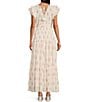 Color:Ivory - Image 2 - Floral Metallic Striped Print Surplice V-Neck Short Ruffled Sleeve Tiered Maxi Dress