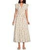 A Loves A Floral Metallic Striped Print Surplice V-Neck Short Ruffled Sleeve Tiered Maxi Dress, Color:Ivory - Image 1