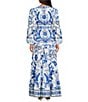 A Loves A Floral Printed Linen Blend Long Sleeve V-Neck Self Tie Maxi Dress, Color:Blue/Multi - Image 2