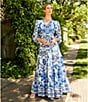 A Loves A Floral Printed Linen Blend Long Sleeve V-Neck Self Tie Maxi Dress, Color:Blue/Multi - Image 4