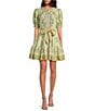 A Loves A Floral Woven Linen Round Neck Short Bubble Sleeve Button Front Tie at Waist A-Line Flounce Mini Dress, Color:Antique Jade Multi - Image 1