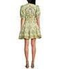 A Loves A Floral Woven Linen Round Neck Short Bubble Sleeve Button Front Tie at Waist A-Line Flounce Mini Dress, Color:Antique Jade Multi - Image 2
