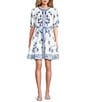 A Loves A Floral Woven Linen Round Neck Short Bubble Sleeve Button Front Tie at Waist A-Line Flounce Mini Dress, Color:White/Multi - Image 1