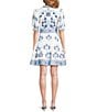 A Loves A Floral Woven Linen Round Neck Short Bubble Sleeve Button Front Tie at Waist A-Line Flounce Mini Dress, Color:White/Multi - Image 2
