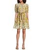 A Loves A Floral Woven Linen Round Neck Short Bubble Sleeve Button Front Tie At Waist A-Line Flounce Mini Dress, Color:Ivory Multi. - Image 1