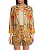 A Loves A Floral Woven Notch Lapel Linen Blend Long Sleeve Button Front Mid Length Coordinating Blazer, Color:Sunflower Multi - Image 2