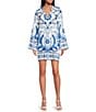 A Loves A Floral Woven Split Round Neck Long Sleeve Mini Tunic Dress, Color:Blue Multi. - Image 1