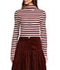 A Loves A Horizontal Stripe Print Stretch Knit Turtleneck Long Sleeve Tee, Color:Wine/Ivory - Image 1