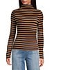 A Loves A Horizontal Stripe Print Stretch Knit Turtleneck Long Sleeve Tee, Color:Camel/Black - Image 4